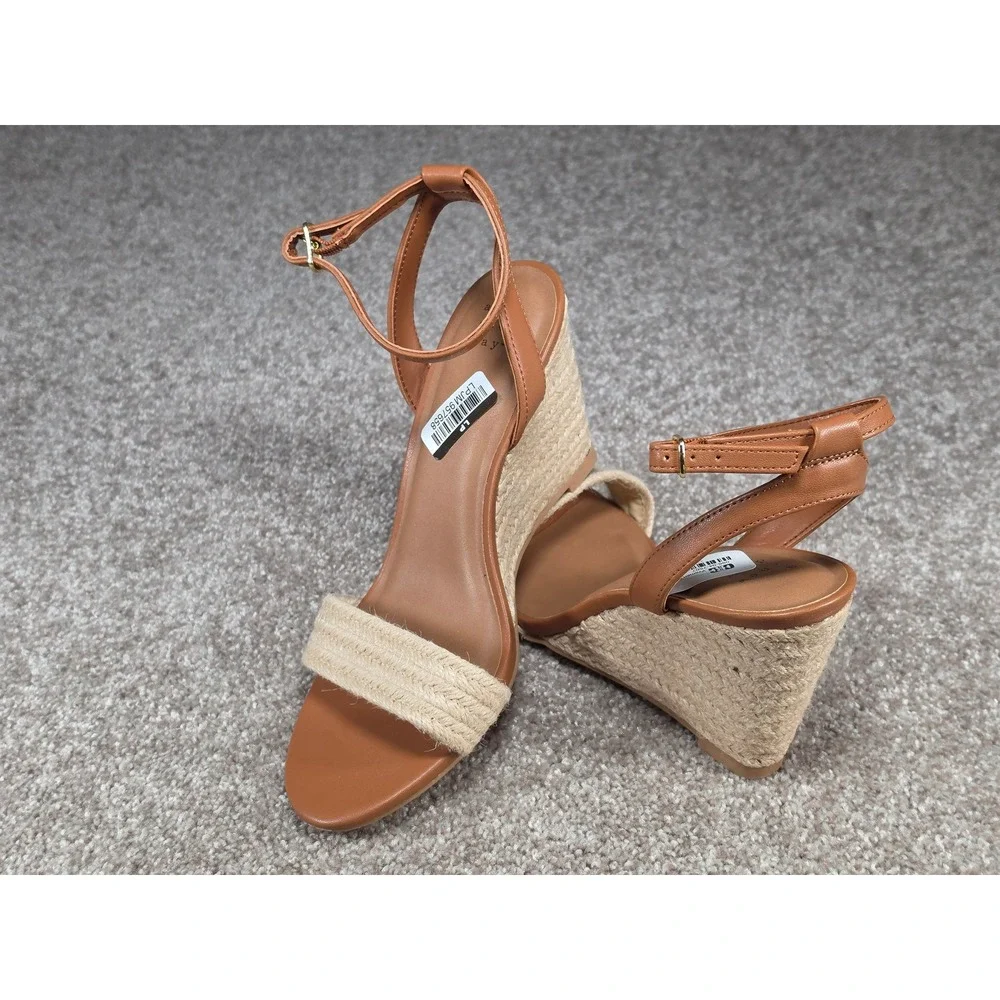 A New Day Tish Slingback Espadrille Wedge Sandals Cognac Brown Braided Jute 7.5